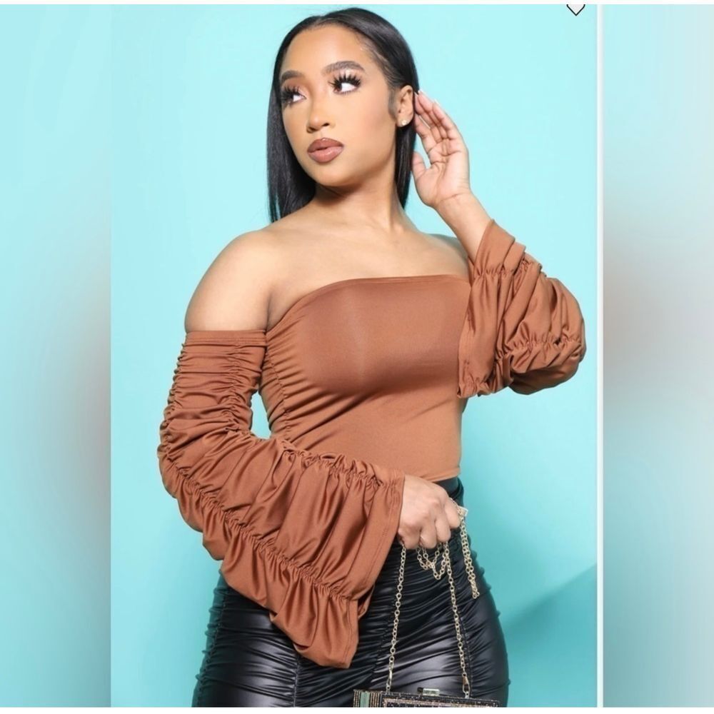 Swank Trendy Off-Shoulder Bodysuit With Ruched Sleeves Terracotta Brown Size 3x